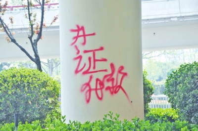 CBD路段的燈桿、公交站牌、垃圾桶、橋梁等均未幸免