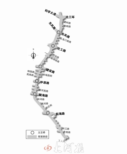 截至目前，僅剩西三環(huán)跨長江路、丹青路高架橋金水河處一座箱梁尚未澆筑。