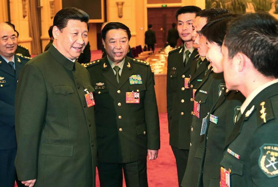中共中央總書記、中共中央軍委主席習(xí)近平出席十二屆全國人大一次會議解放軍代表團全體會議并發(fā)表重要講話。