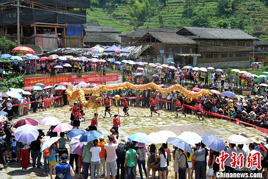 圖為當(dāng)?shù)丶t瑤民眾舞起長龍祈求風(fēng)調(diào)雨順。中新社發(fā) 韋吉陽 攝