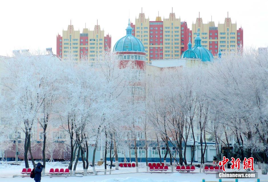 12月10日,受降溫天氣影響,黑河市黑龍江江畔出現(xiàn)綿延數(shù)公里的霧凇景觀。