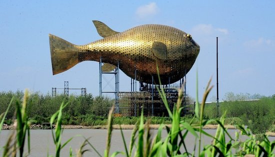 昨天，揚中市西沙島，正在施工的河豚塔金光閃閃