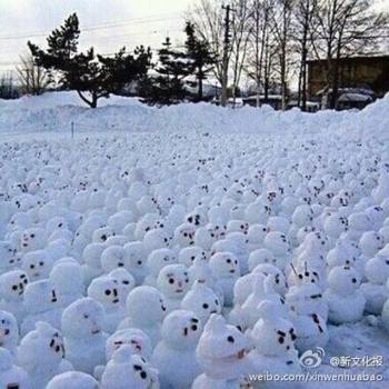 網(wǎng)傳“煙臺男子大學(xué)生堆1314個雪人表白”。微博圖