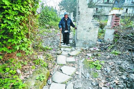 昨日，大渡口區(qū)，徐建高老人走在他鋪成的石子路上。 記者 張路橋 攝