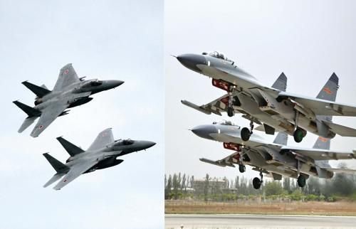 29日，中國空軍查證了進入東海防空識別區(qū)的美日軍機，左圖為進入防空識別區(qū)的日本F-15戰(zhàn)機(資料圖)，右圖為當天起飛的中國殲-11飛機(資料圖)。