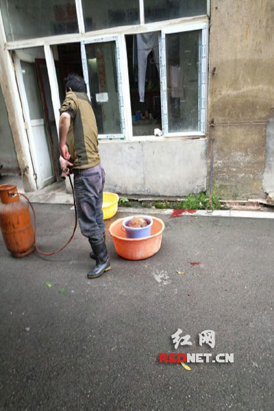 5月8日，男子在校園里殺狗，地上殘留一塊血跡。目擊者供圖。
