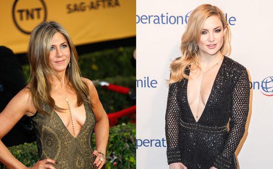 Jennifer Aniston & Kate Hudson出席重要場(chǎng)合也穿低胸裝。（圖片來(lái)源：臺(tái)灣東森新聞云）