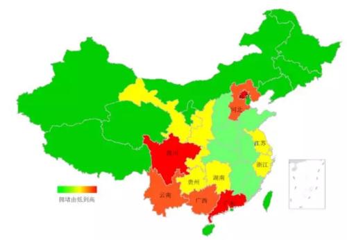 端午期間省域擁堵情況。來源：交通部聯(lián)合其他機構(gòu)發(fā)布的《2018年端午全國公路網(wǎng)出行預(yù)測報告》。