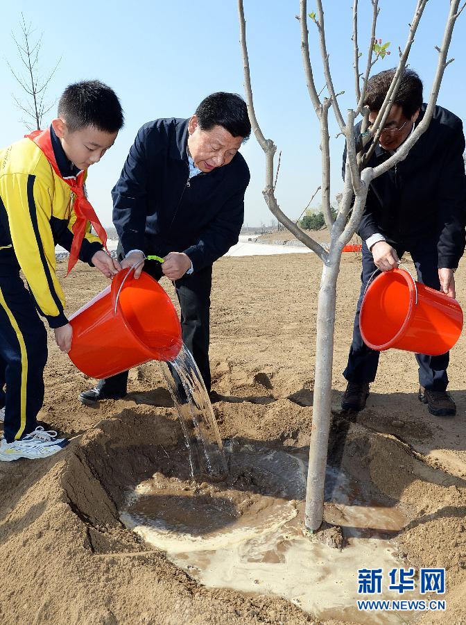 這是習近平同大家一起給剛栽下的樹苗澆水。