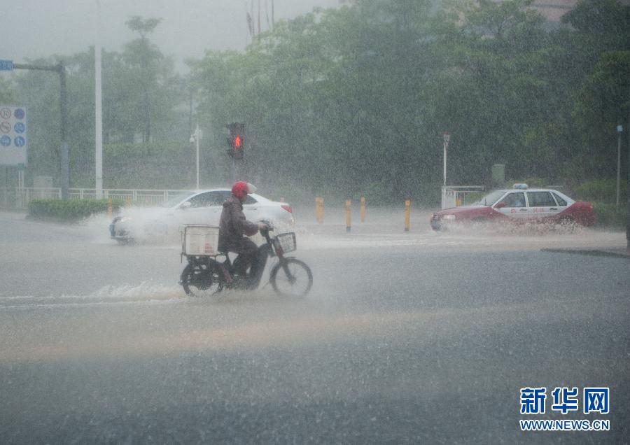 5月11日，車輛在深圳西麗留仙大道涉水前行。