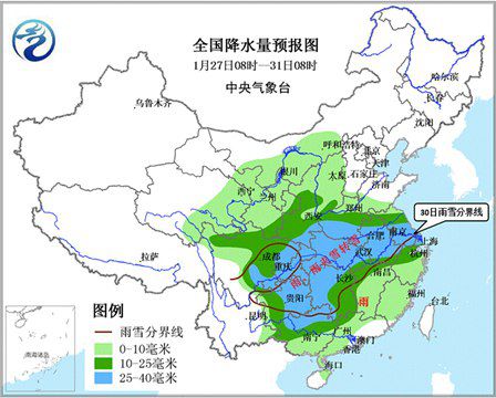 中央氣象臺預(yù)計，西北地區(qū)東部、華北西部、黃淮、江淮、江南、江漢及西南地區(qū)東部都將迎來雨雪天氣。從28日夜間開始，沿長江地區(qū)將由雨轉(zhuǎn)為雨夾雪或純雪飄落。