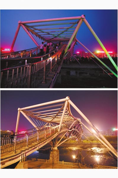花園路西側(cè)東風渠景觀橋，上圖攝于7月31日晚間，下圖攝于10月9日晚間。