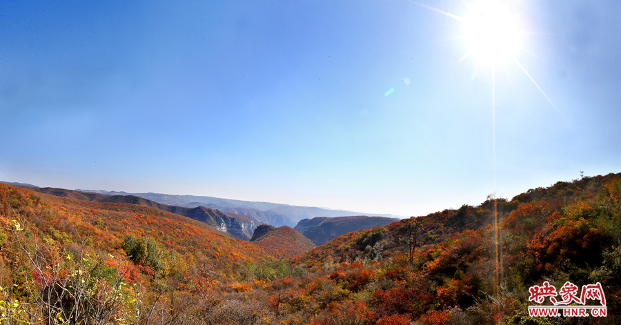 山頂遠(yuǎn)眺，紅葉已經(jīng)綻放出絢麗的色彩