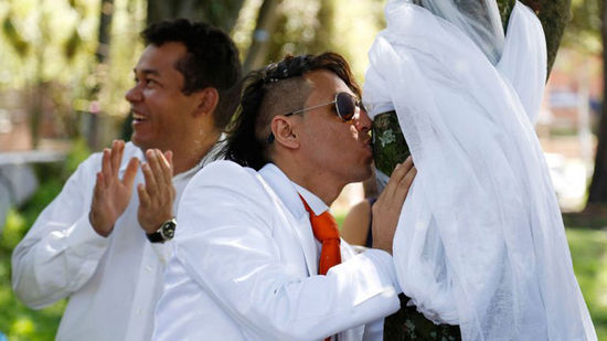 哥倫比亞一男子與樹(shù)結(jié)婚 倡導(dǎo)環(huán)境保護(hù)(組圖)