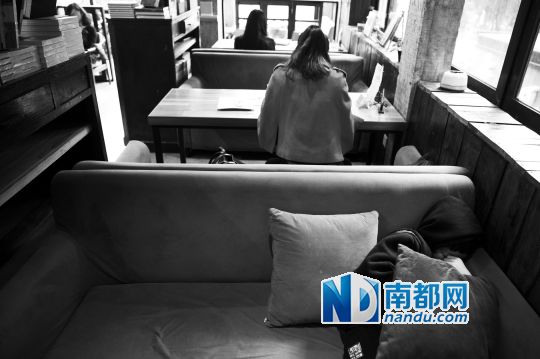 12月12日上午，不打烊書店里，12歲的楊東吃完午飯后抱著抱枕蜷在沙發(fā)里睡覺。